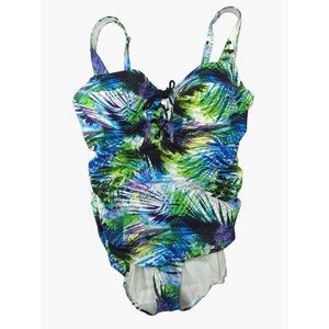 Torrid sz 1 One Piece Front Tie Tankini Swimsuit Tropical Palm Print Women 14/16